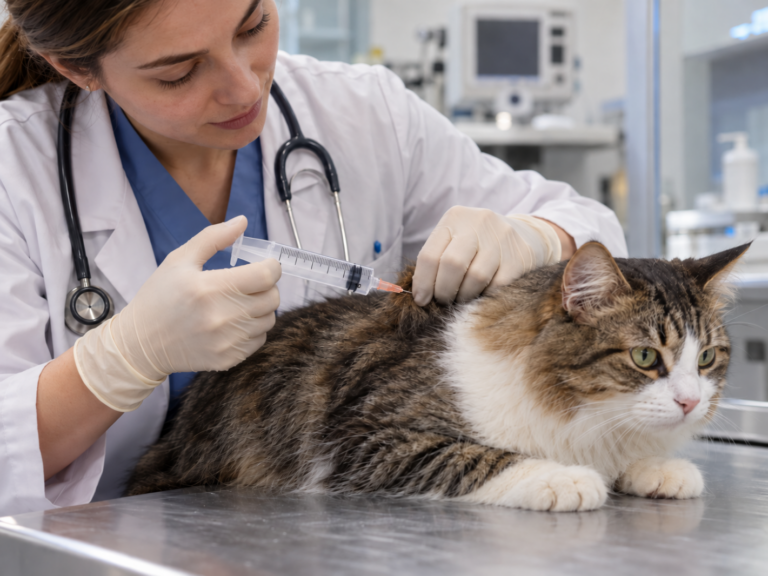 Illustration d’une injection locale réalisée par un vétérinaire chez un chat en clinique.