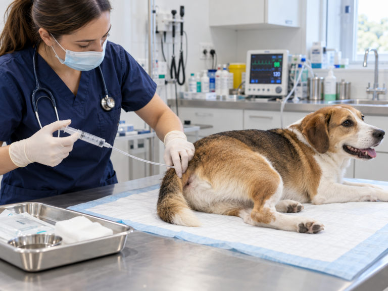 Illustration d’une séance d’insufflation rectale chez un chien, réalisée par un vétérinaire.