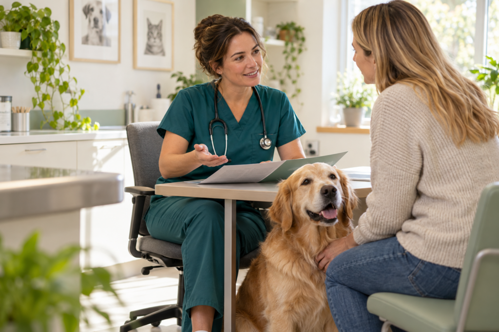 A veterinarian discusses a care plan with a dog’s owner.
