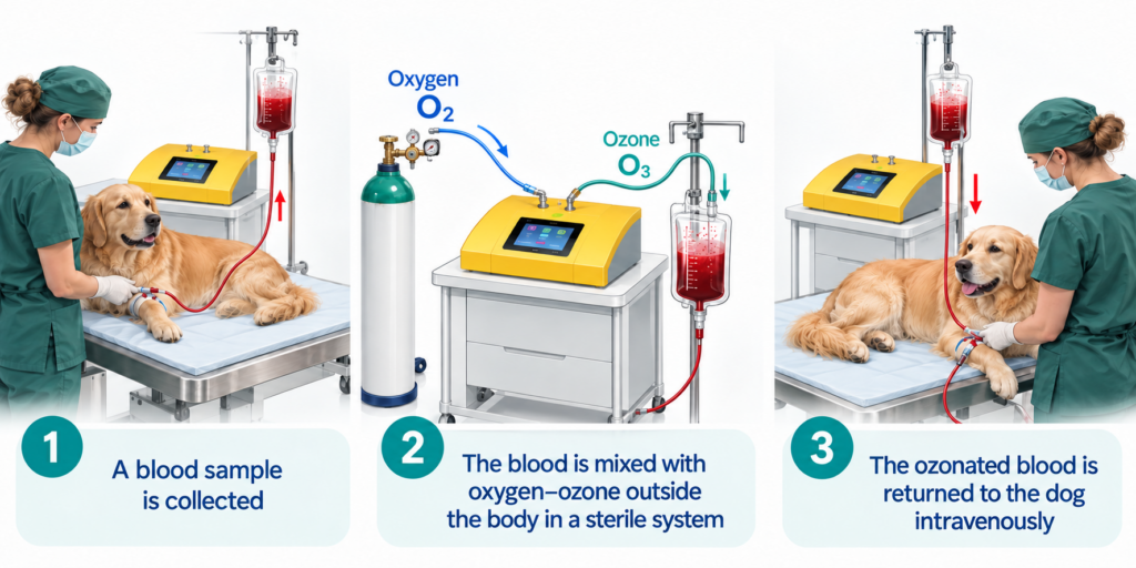 Three stages of canine ozone autohaemotherapy: blood collection, extracorporeal ozonation and reinfusion.